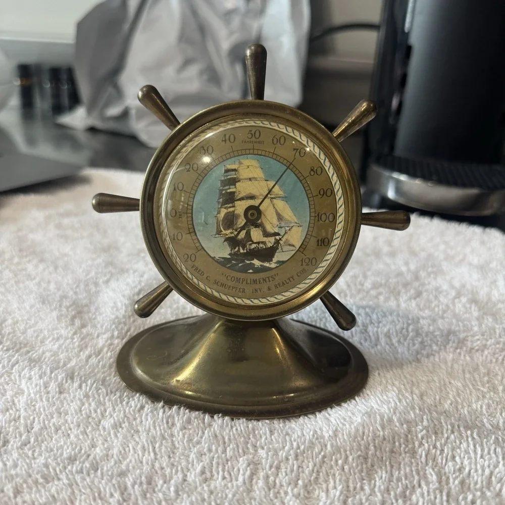 Vintage 60's Brass Ship Wheel Advertising Desk Thermometer Fred C Schuepper